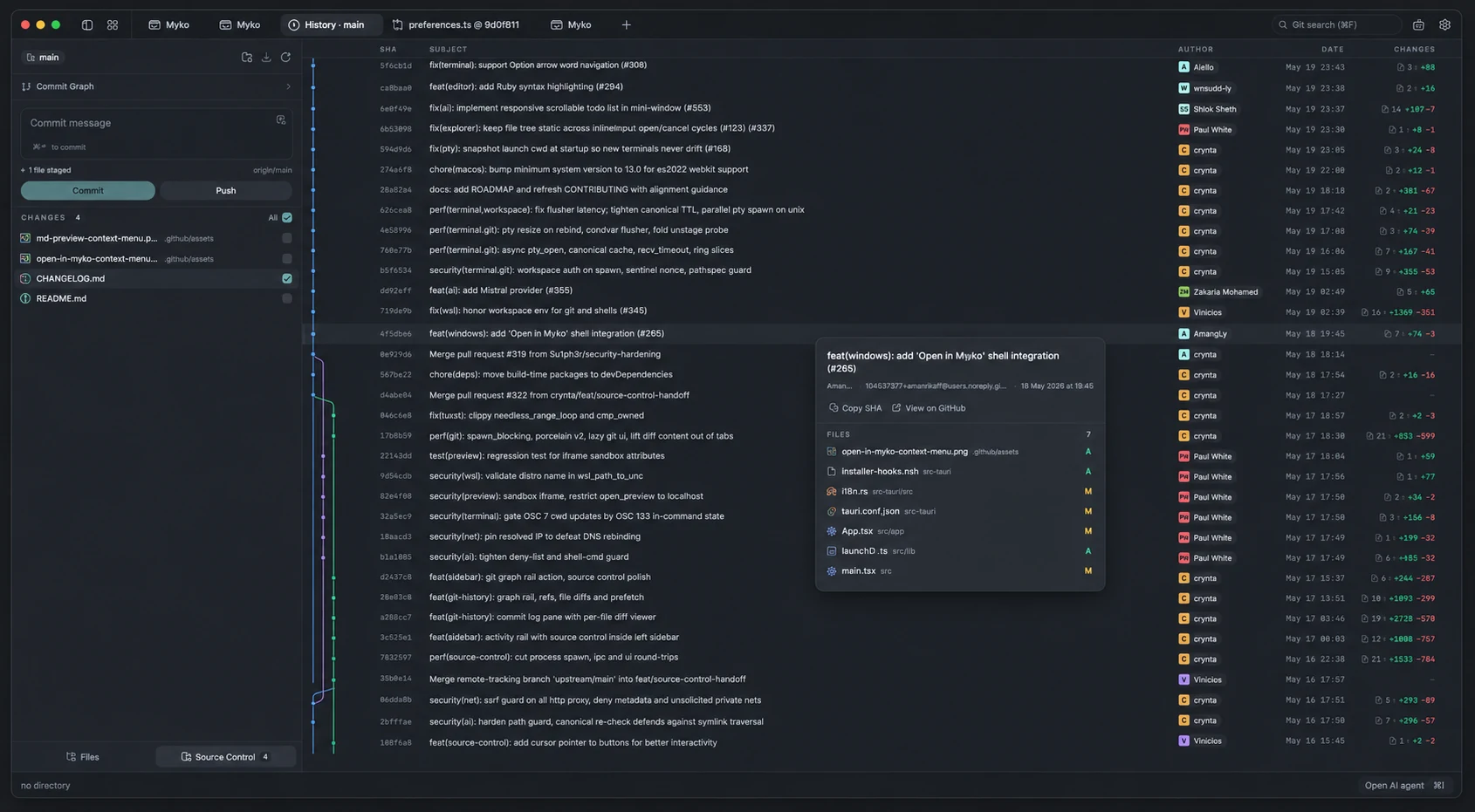 Myko source control panel with commit graph and history