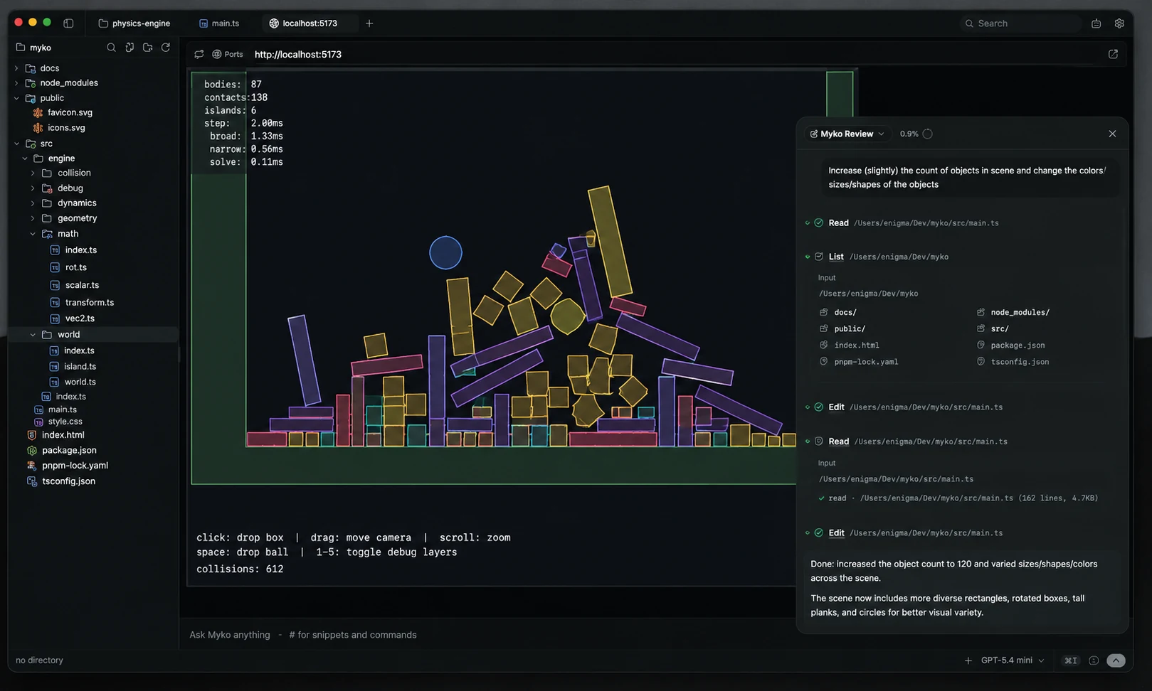 Myko web preview of a local dev server next to an AI review panel